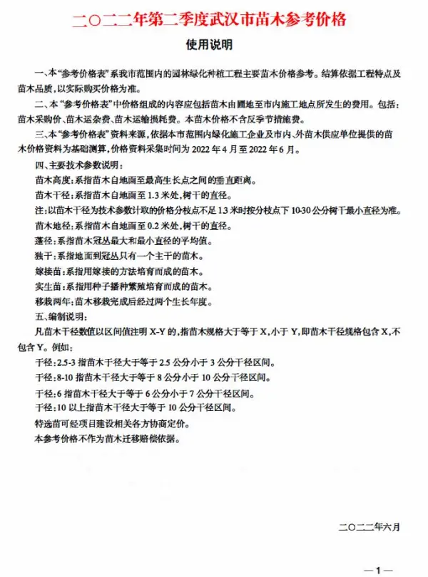 武汉2022年2季度苗木4、5、6月信息价PDF扫描件