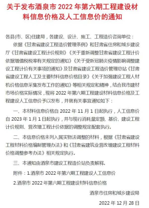 酒泉2022年6期11、12月信息价PDF扫描件