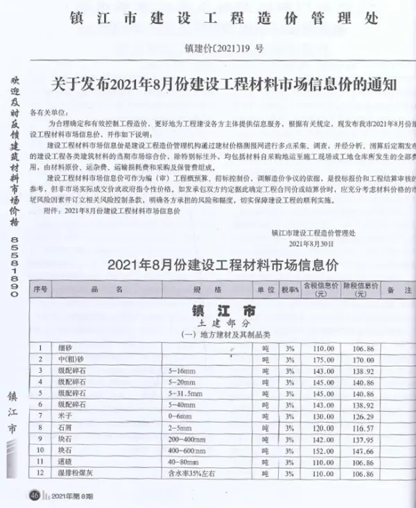 镇江市2021年8月信息价PDF扫描件