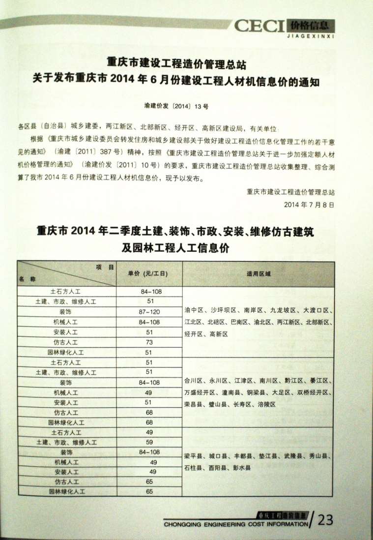 重庆市2014年7月工程造价信息价
