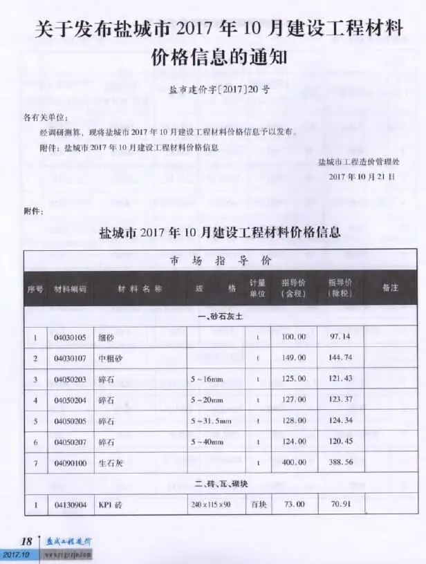 盐城市2017年10月造价信息PDF期刊
