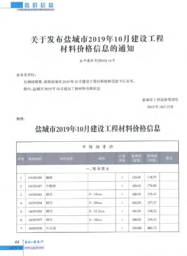盐城市2019年10月信息价PDF扫描件