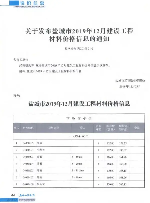 盐城市2019年12月信息价PDF扫描件