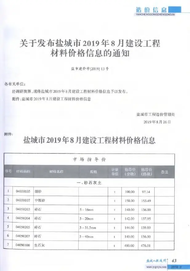 盐城市2019年8月造价信息PDF期刊