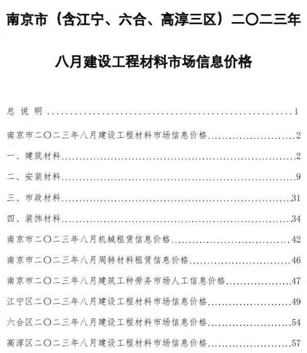 南京市2023年8月信息价PDF扫描件