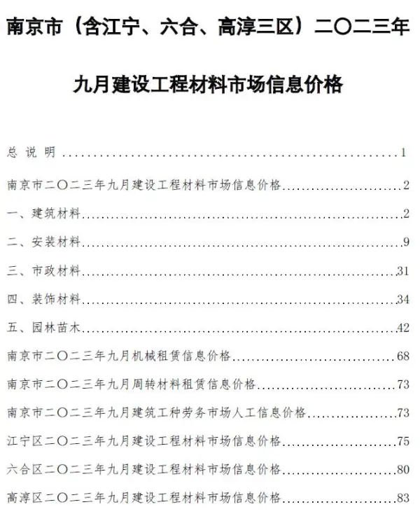 南京市2023年9月信息价PDF扫描件