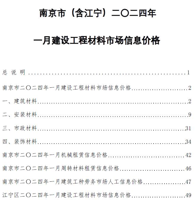 南京市2024年1月建设工程材料市场信息价格