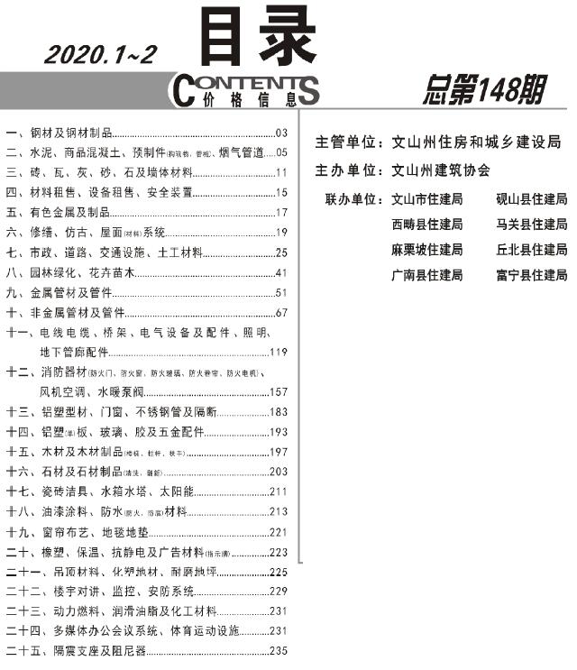 文山市2020年1期1、2月工程造价信息价