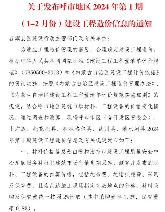 呼和浩特市2024年1期1、2月造价信息PDF期刊