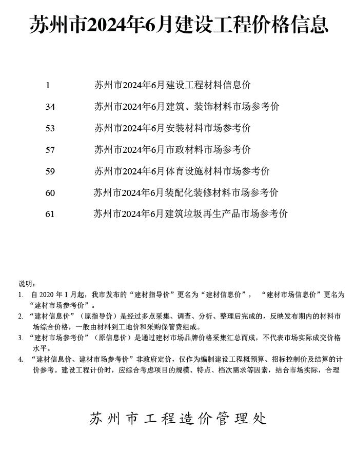 苏州市2024年6月建筑定额价