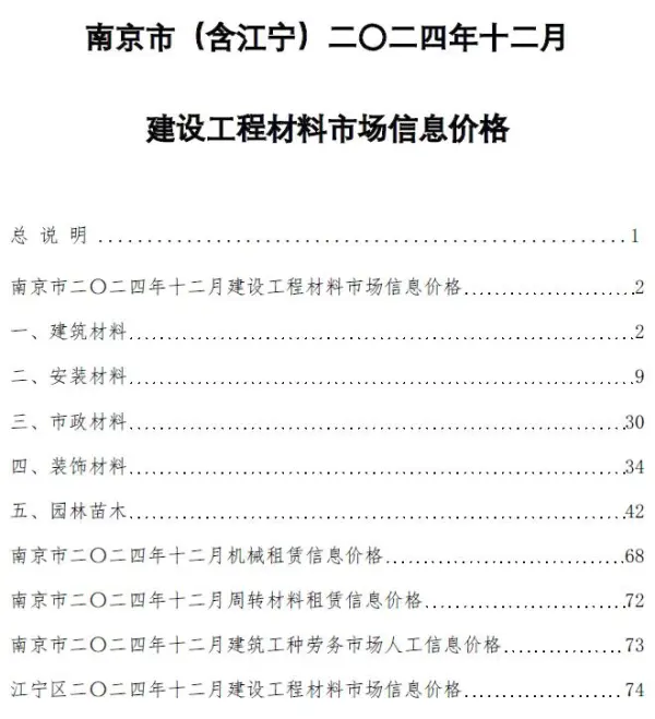 南京市2024年12月信息价PDF扫描件