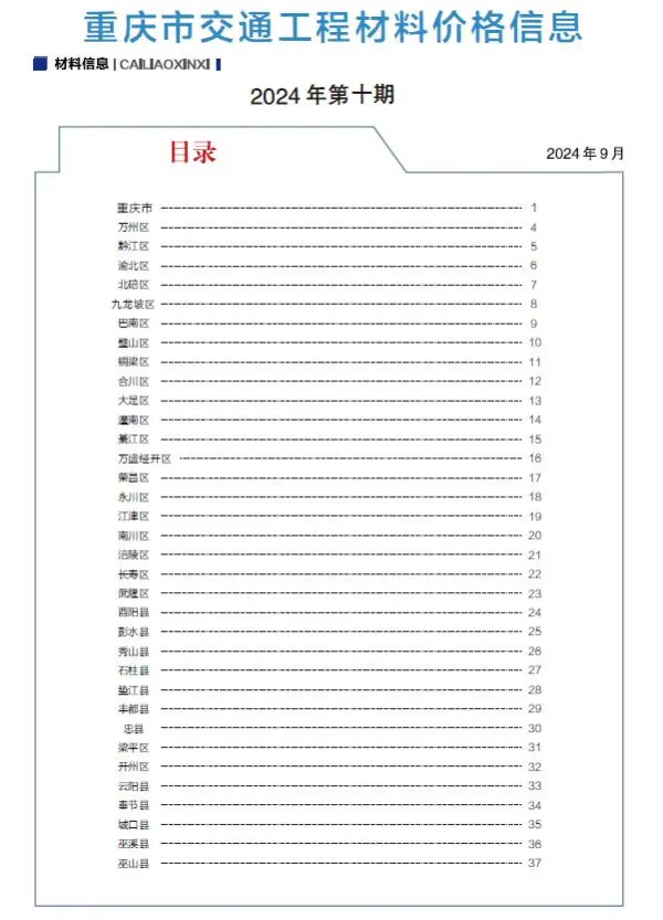 重庆2024年交通9月(第10期)信息价PDF扫描件
