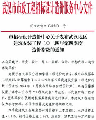 武汉地区建筑安装工程2024年第4季度造价指数(武市政价字[2025]1号)