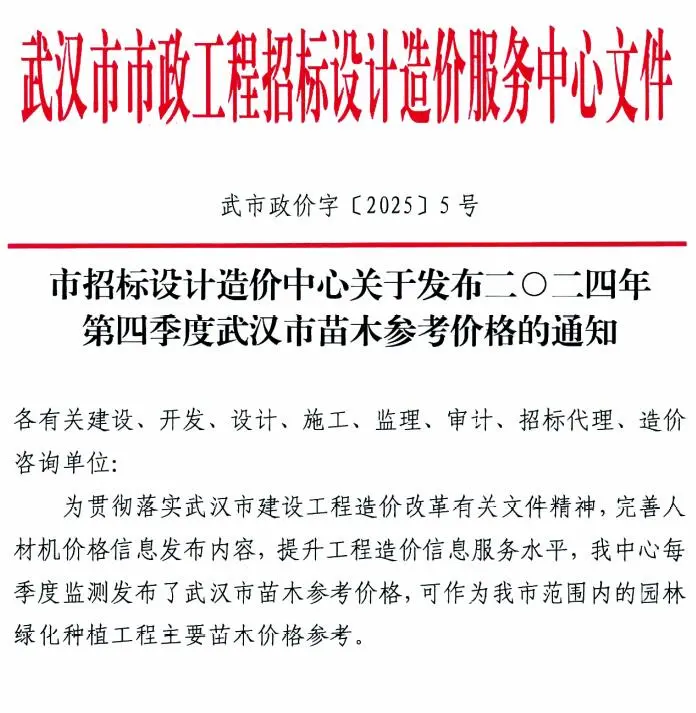 2024年4季度苗木10、11、12月武汉信息价