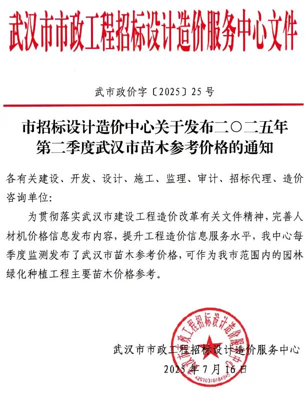武汉市2025年2季度苗木信息价