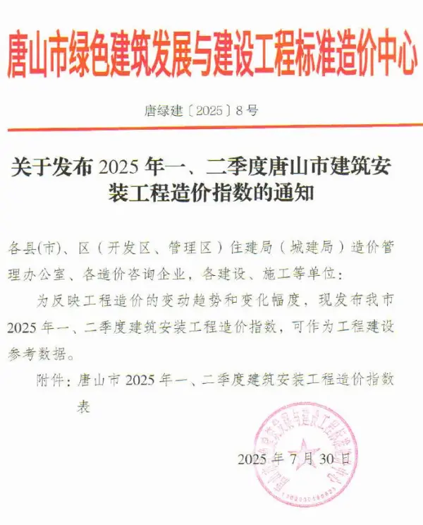 唐山市2025年一、二季度建筑安装工程造价指数电子版PDF