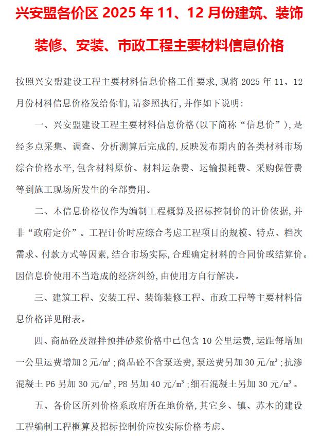 2025年兴安盟信息价