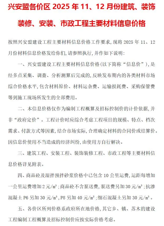兴安盟市2025年11、12月第6期造价信息PDF期刊