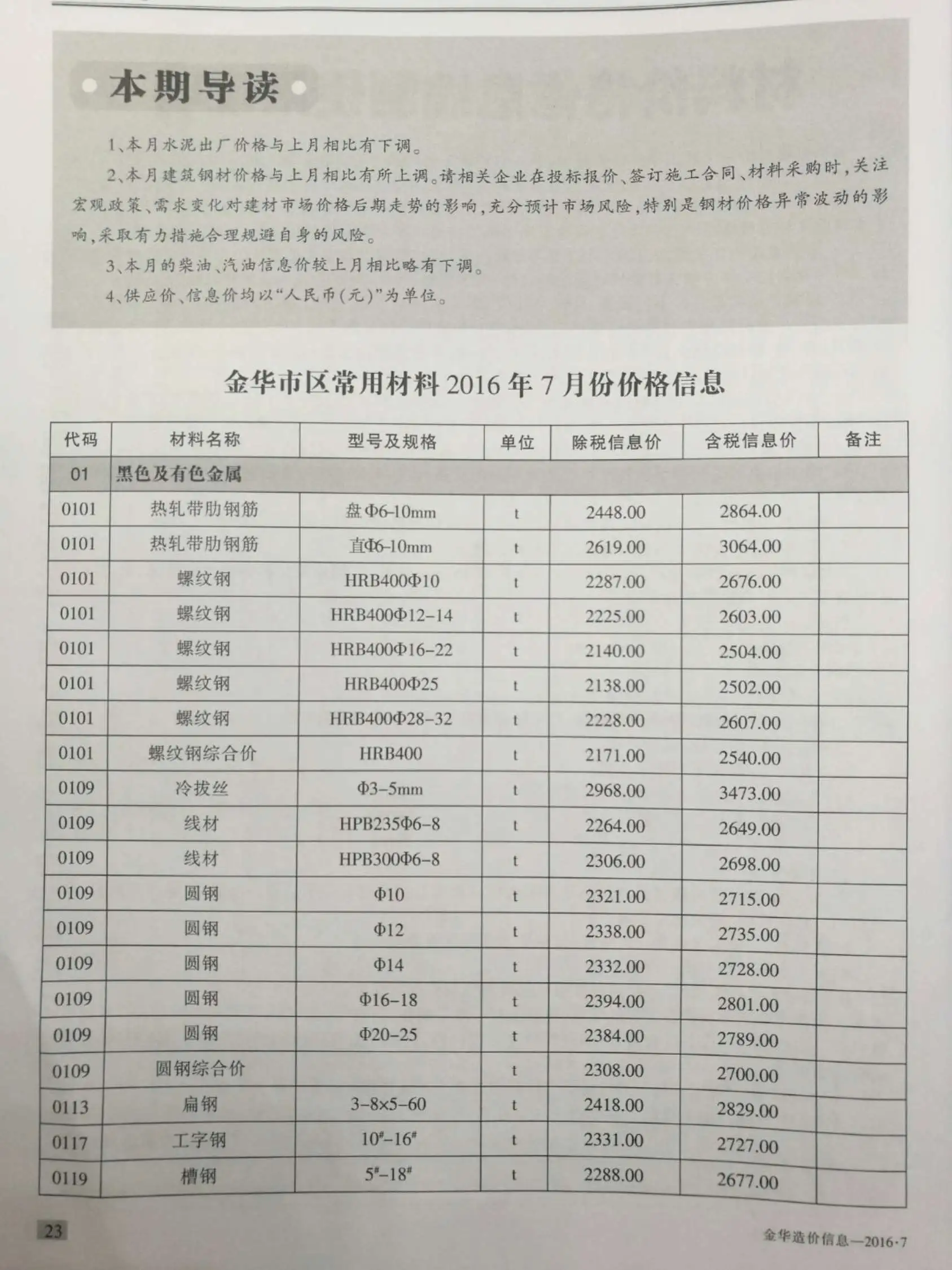 金华市2016年7月造价信息PDF期刊