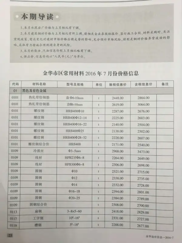 金华市2016年7月信息价PDF扫描件