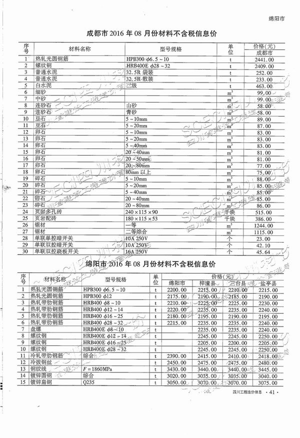 四川省2016年9月工程造价信息价