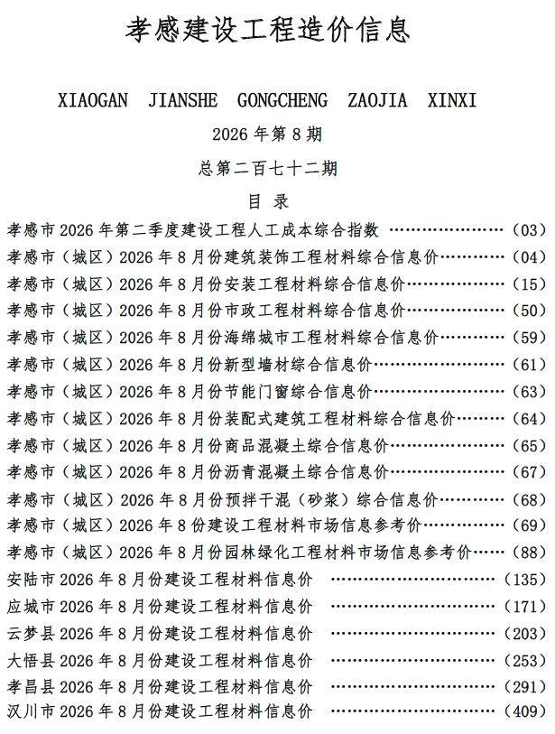 2026年8月孝感市信息价