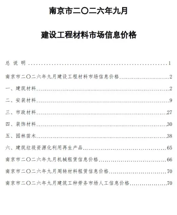 南京市2026年9月信息价PDF扫描件
