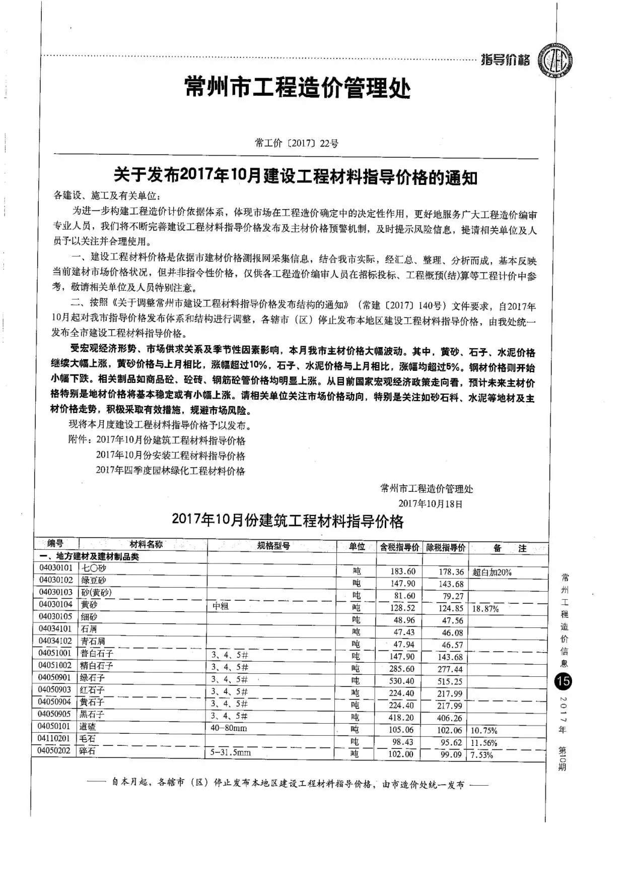 常州市2017年10月造价信息PDF期刊