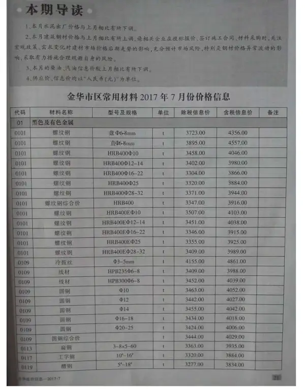 金华市2017年7月信息价PDF扫描件