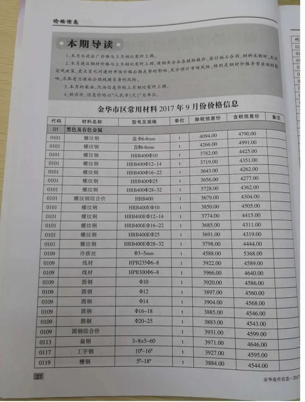 金华市2017年9月信息价PDF扫描件