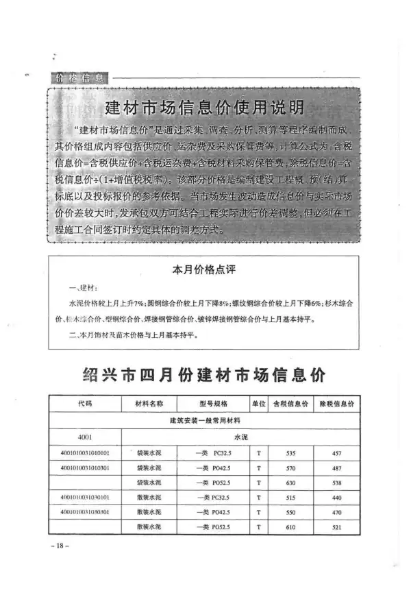 绍兴市2018年4期信息价PDF扫描件