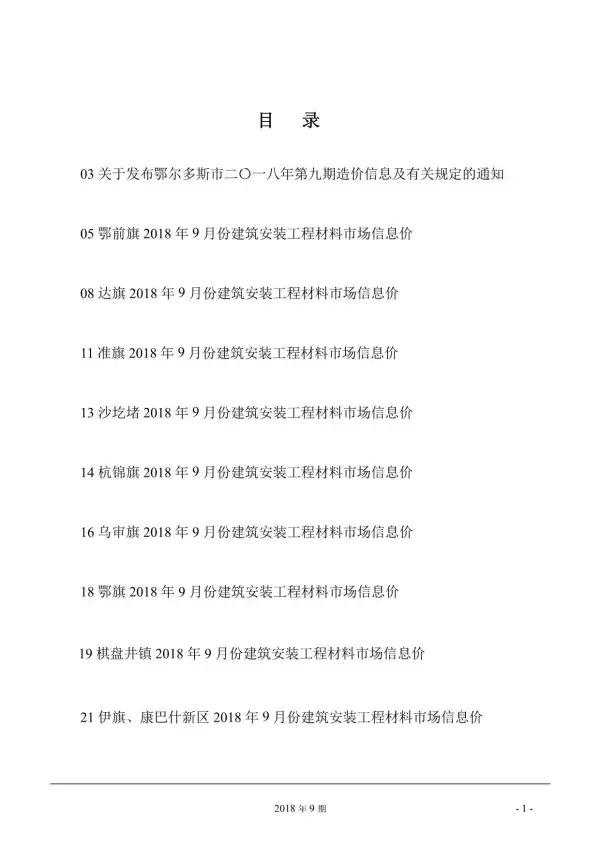 鄂尔多斯市2018年9月信息价PDF扫描件