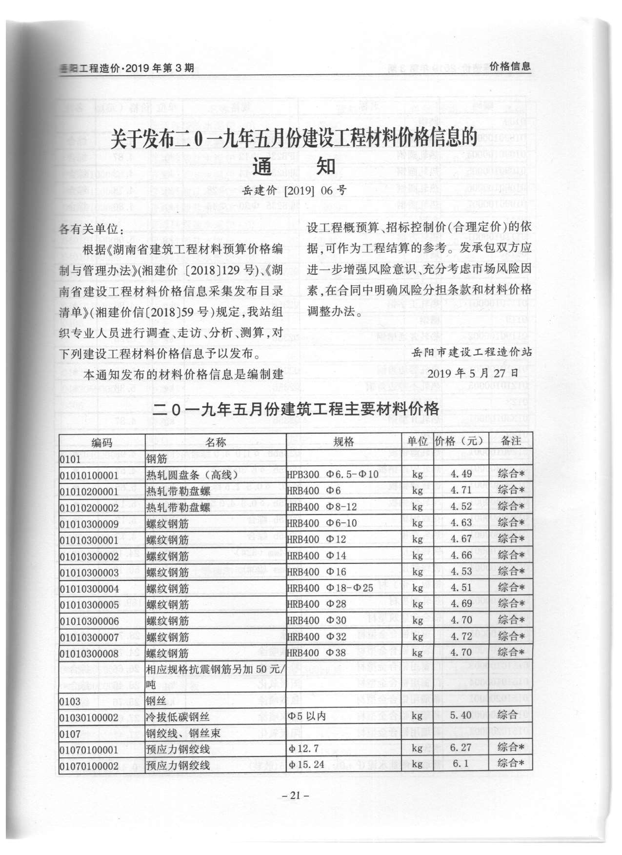 岳阳市2019年3月工程造价