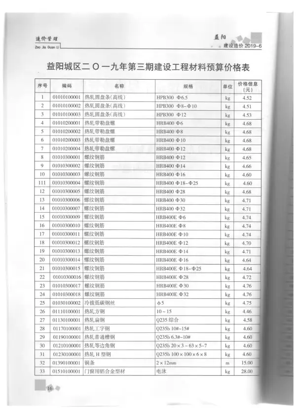 益阳市2019年3期信息价PDF扫描件