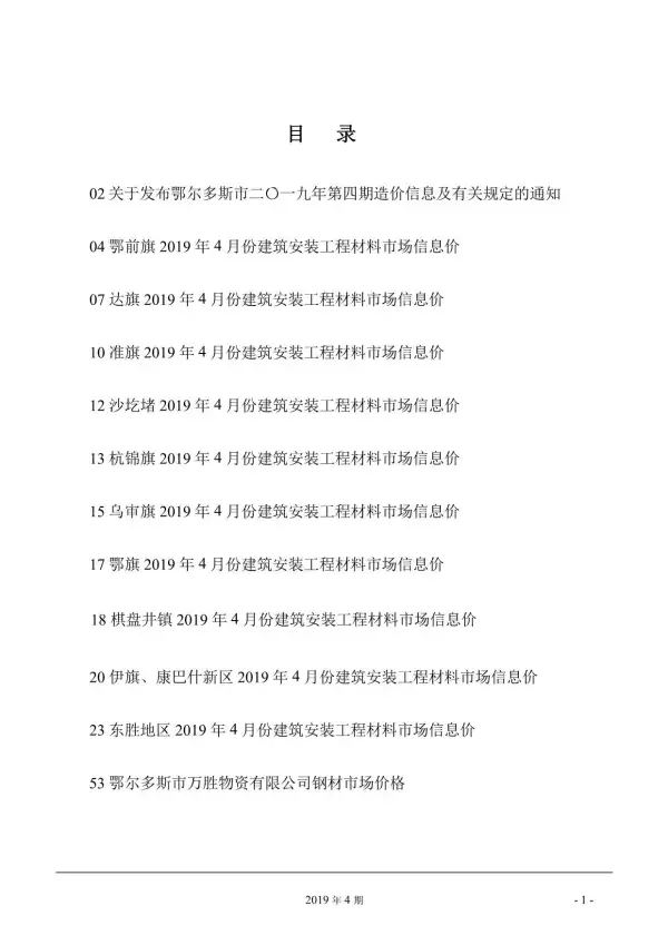 鄂尔多斯市2019年4期信息价PDF扫描件