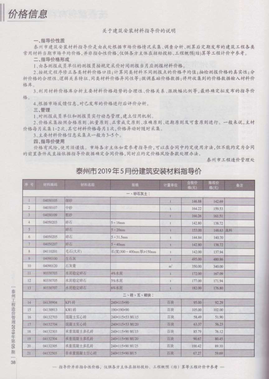 泰州市2019年5月工程造价管理