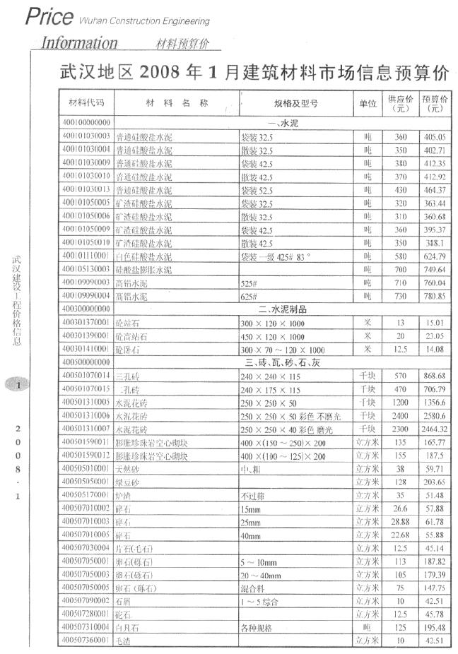 武汉市2008年1月建材计价依据