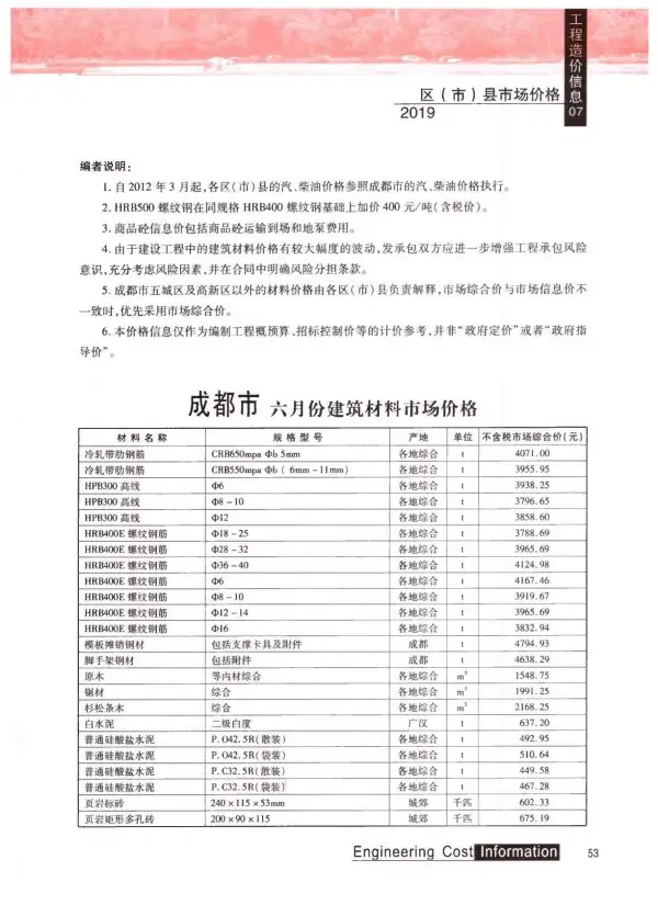 成都市2019年7月信息价PDF扫描件
