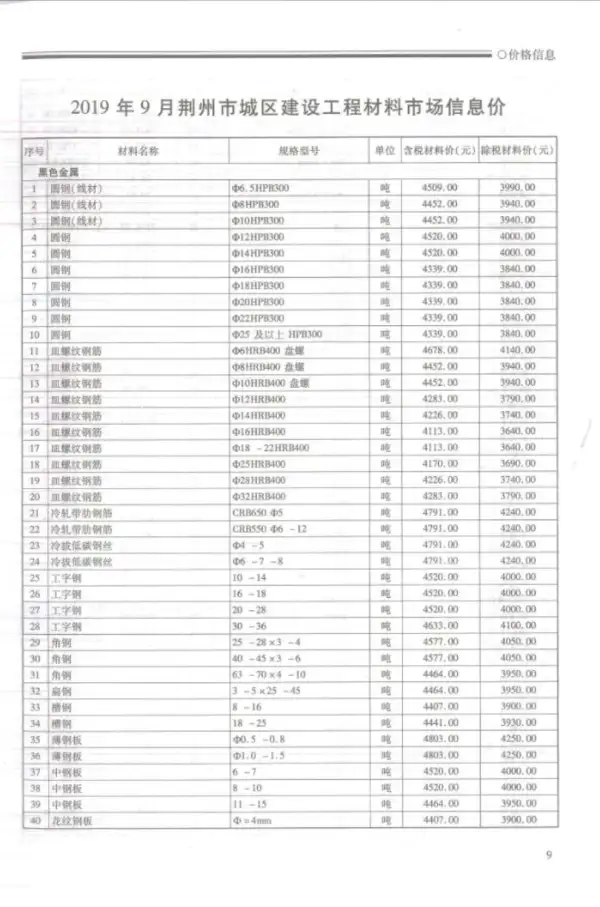 荆州市2019年9月信息价PDF扫描件