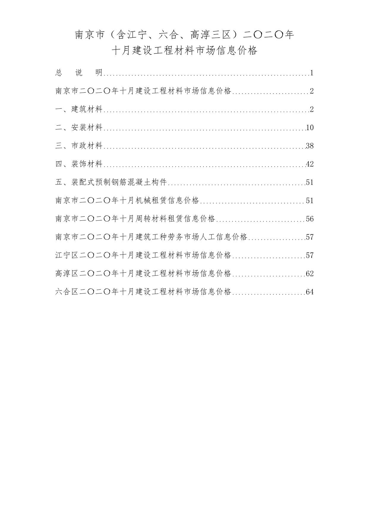 南京市2020年10月建设工程材料市场信息价格