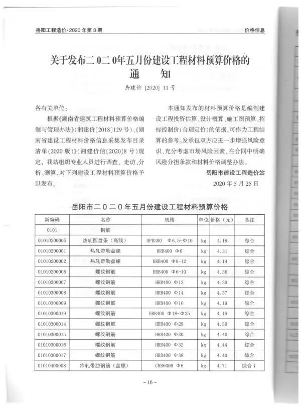 岳阳市2020年3期信息价PDF扫描件