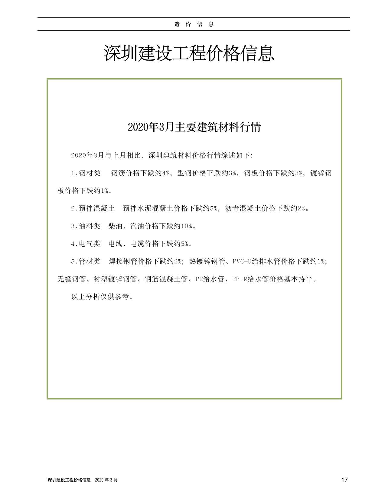 深圳市2020年3月建材价