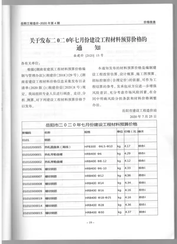岳阳市2020年4期信息价PDF扫描件