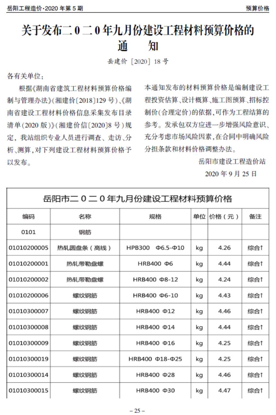 岳阳市2020年5月信息价pdf扫描件