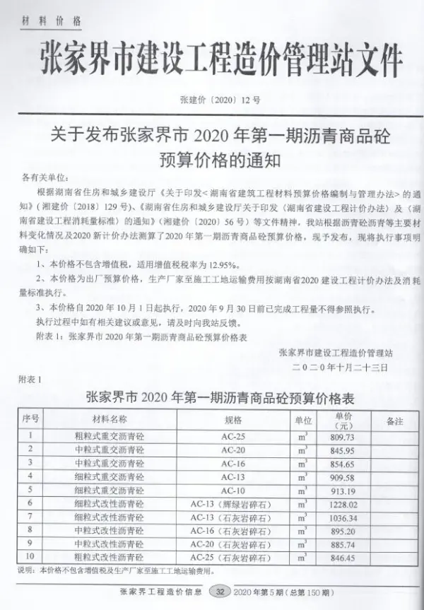 张家界市2020年5期信息价PDF扫描件