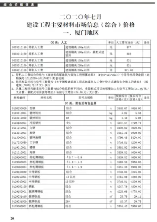 厦门市2020年7月造价信息PDF期刊