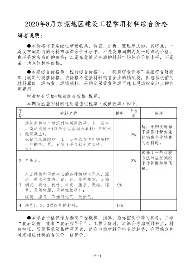 东莞市2020年8月信息价PDF扫描件