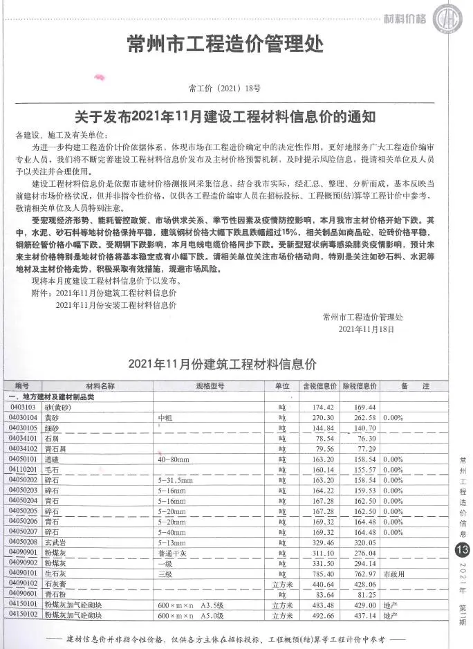 常州市2021年11月造价信息PDF期刊