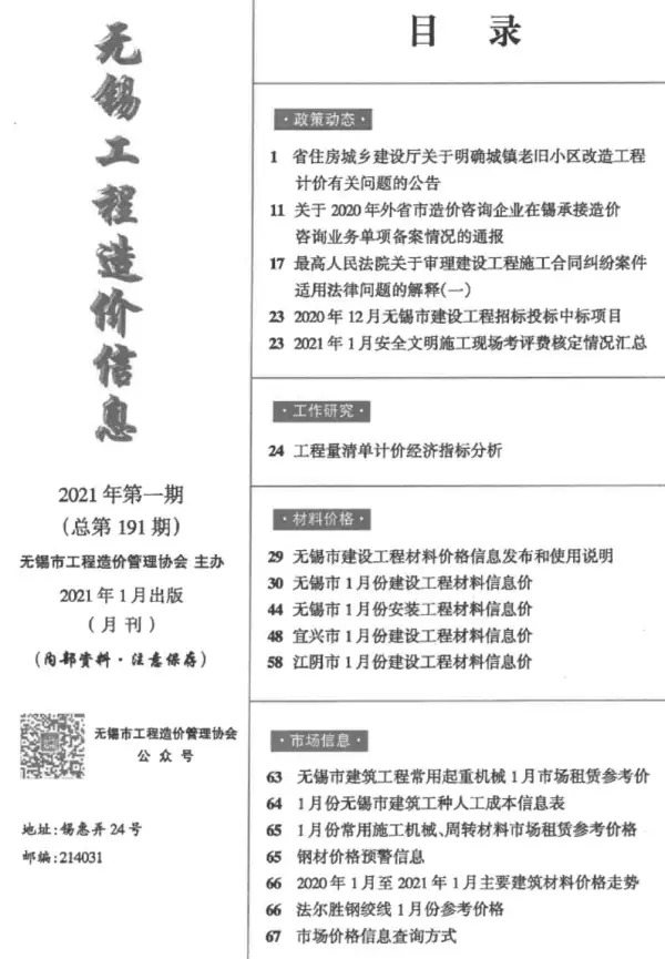 无锡市2021年1期信息价PDF扫描件