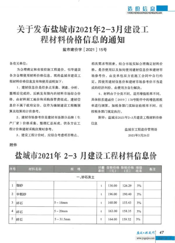 盐城市2021年2期信息价PDF扫描件